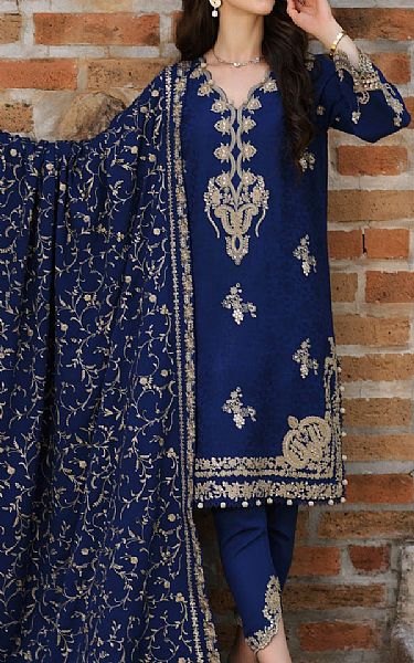 Saadia Asad Blue Zodiac Linen Suit | Pakistani Winter Dresses- Image 1