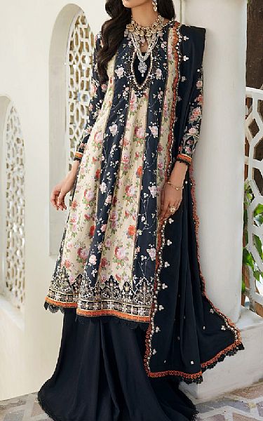 Saadia Asad Ivory/Black Linen Suit | Pakistani Winter Dresses- Image 1