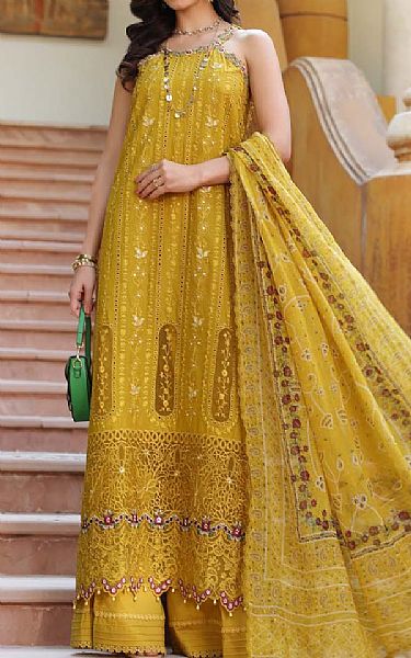 Saadia Asad Dark Mustard Lawn Suit | Pakistani Lawn Dress in USA- Image 1