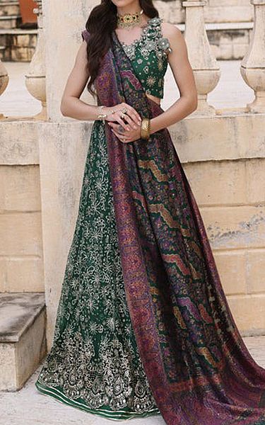 Saadia Asad Medium Jungle Green Net Suit | Pakistani Embroidered Chiffon Dresses- Image 1