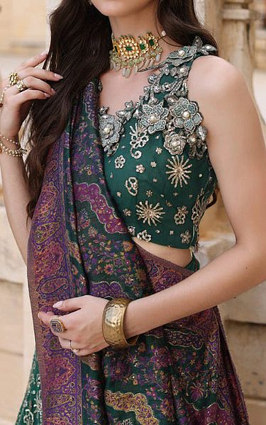 Saadia Asad Medium Jungle Green Net Suit | Pakistani Embroidered Chiffon Dresses- Image 2