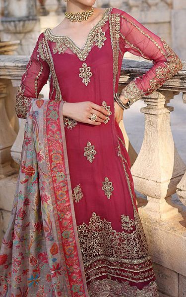 Saadia Asad Deep Carmine Chiffon Suit | Pakistani Embroidered Chiffon Dresses- Image 2