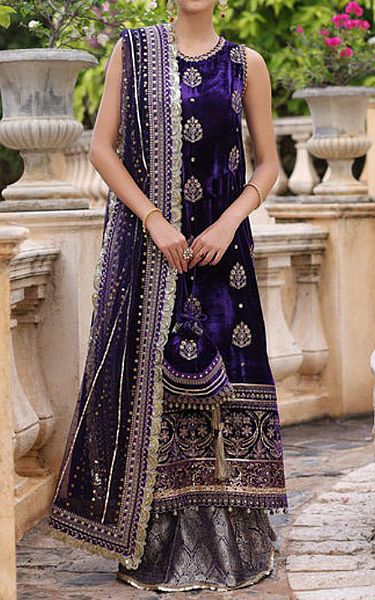 Saadia Asad Dark Indigo Velvet Suit | Pakistani Winter Dresses- Image 1