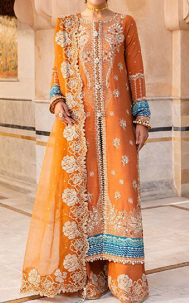 Saad Shaikh Safety Orange Raw Silk Suit | Pakistani Embroidered Chiffon Dresses USA- Image 1