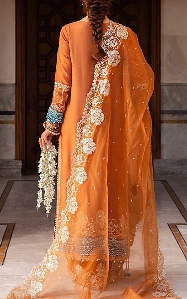 Saad Shaikh Safety Orange Raw Silk Suit | Pakistani Embroidered Chiffon Dresses USA- Image 2