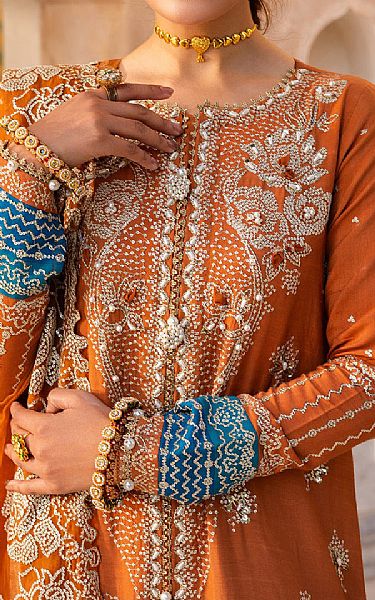 Saad Shaikh Safety Orange Raw Silk Suit | Pakistani Embroidered Chiffon Dresses USA- Image 3