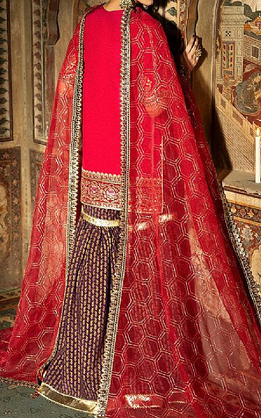 Saad Shaikh Red Ribbon Raw Silk Suit | Pakistani Embroidered Chiffon Dresses USA- Image 2