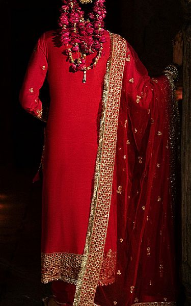 Saad Shaikh Red Raw Silk Suit | Pakistani Embroidered Chiffon Dresses USA- Image 2