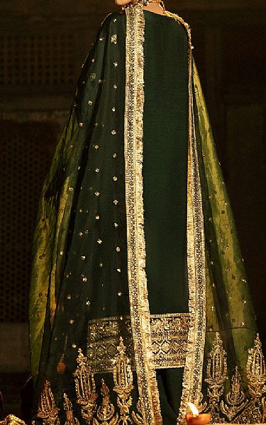 Saad Shaikh Dark Green Raw Silk Suit | Pakistani Embroidered Chiffon Dresses USA- Image 2