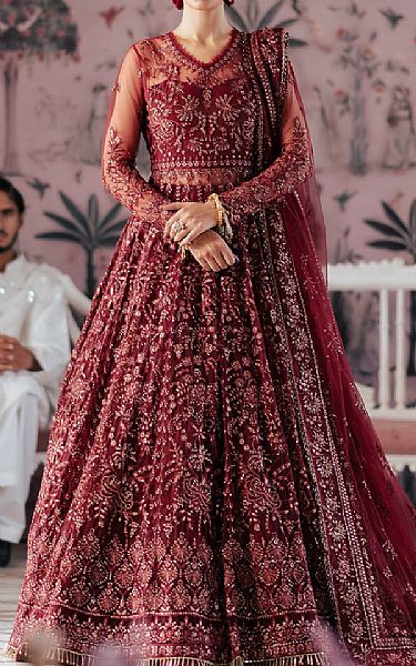 Saad Shaikh Maroon Net Suit | Pakistani Embroidered Chiffon Dresses USA- Image 1