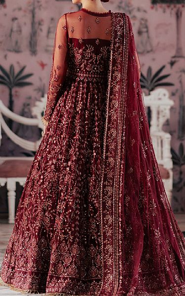 Saad Shaikh Maroon Net Suit | Pakistani Embroidered Chiffon Dresses USA- Image 2