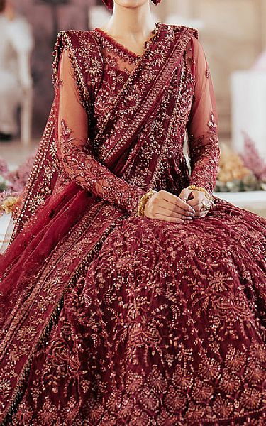 Saad Shaikh Maroon Net Suit | Pakistani Embroidered Chiffon Dresses USA- Image 3
