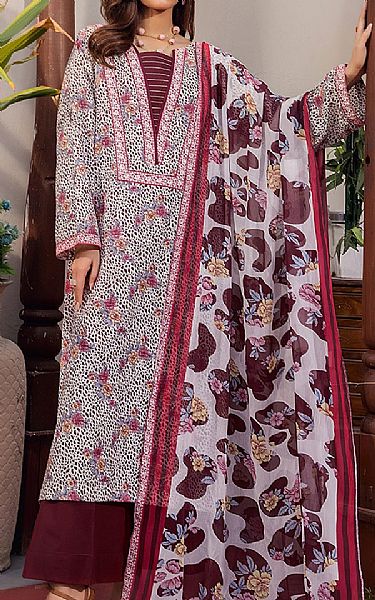 Safwa Off White/Wine Berry Lawn Suit | Pakistani Lawn Dress in USA- Image 1