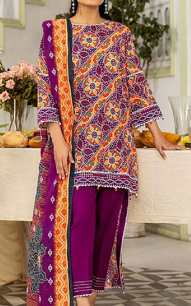 Safwa Rich Purple/Halloween Orange Lawn Suit | Pakistani Lawn Suits- Image 1