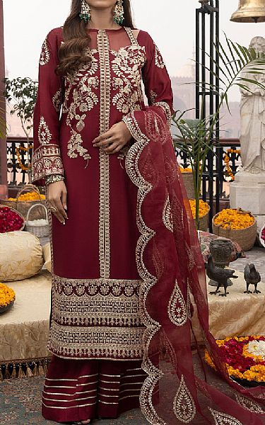 Sahane Maroon Oak Silk Suit | Pakistani Embroidered Chiffon Dresses- Image 1