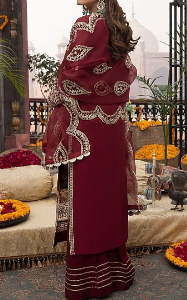 Sahane Maroon Oak Silk Suit | Pakistani Embroidered Chiffon Dresses- Image 2