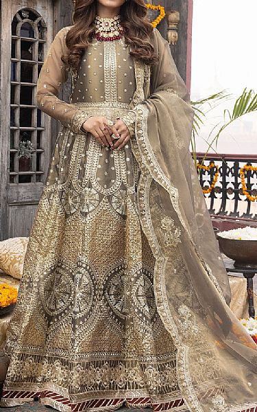 Sahane Brownish Grey/Golden Mesuri Suit | Pakistani Embroidered Chiffon Dresses- Image 1