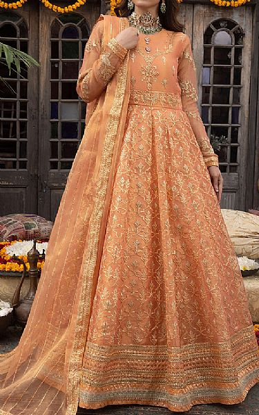 Sahane Dark Peach Silk Suit | Pakistani Embroidered Chiffon Dresses- Image 1