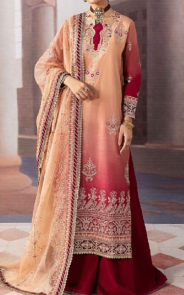 Sahane Peach/Vivid Burgundy Raw Silk Suit | Pakistani Embroidered Chiffon Dresses USA- Image 1