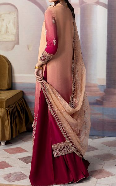 Sahane Peach/Vivid Burgundy Raw Silk Suit | Pakistani Embroidered Chiffon Dresses USA- Image 2