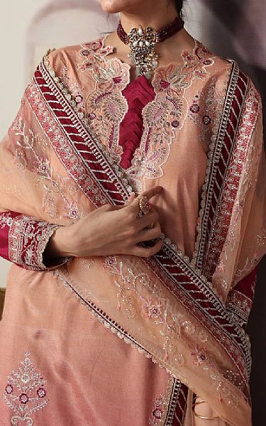 Sahane Peach/Vivid Burgundy Raw Silk Suit | Pakistani Embroidered Chiffon Dresses USA- Image 3