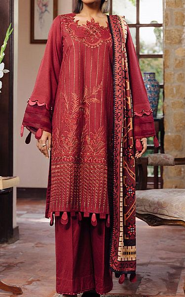 Salitex Red Leather Suit | Pakistani Winter Dresses- Image 1