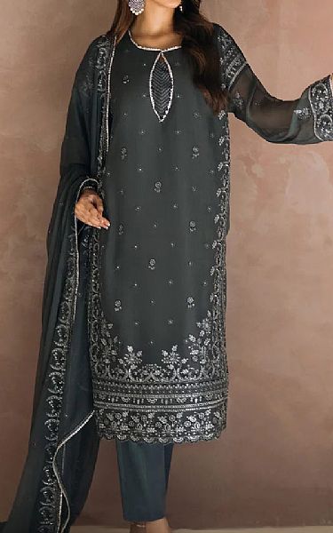 Salitex Charcoal Grey Chiffon Suit | Pakistani Embroidered Chiffon Dresses USA- Image 1