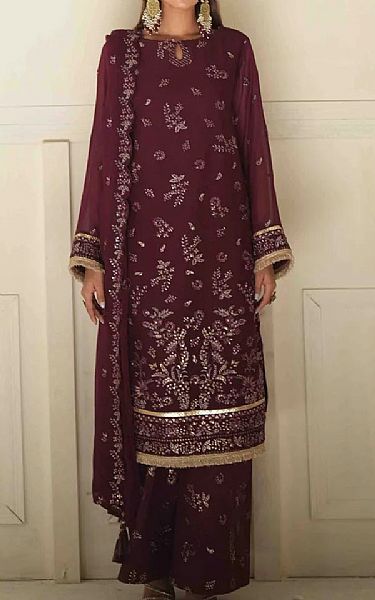Salitex Wine Berry Chiffon Suit | Pakistani Embroidered Chiffon Dresses USA- Image 1