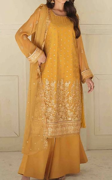 Salitex Fuel Yellow Chiffon Suit | Pakistani Embroidered Chiffon Dresses USA- Image 1