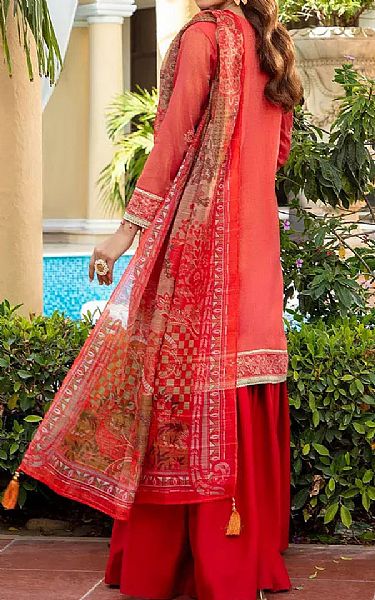 Salitex Coral Red Net Suit | Pakistani Embroidered Chiffon Dresses USA- Image 2