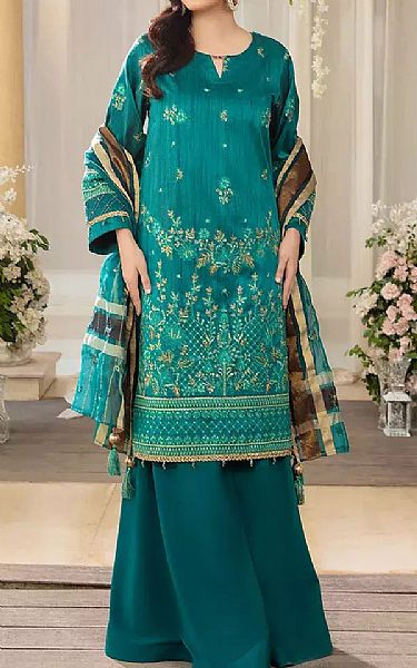 Salitex Teal Raw Silk Suit | Pakistani Embroidered Chiffon Dresses USA- Image 1