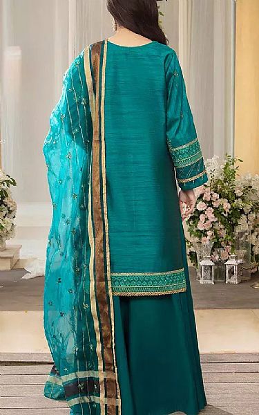 Salitex Teal Raw Silk Suit | Pakistani Embroidered Chiffon Dresses USA- Image 2