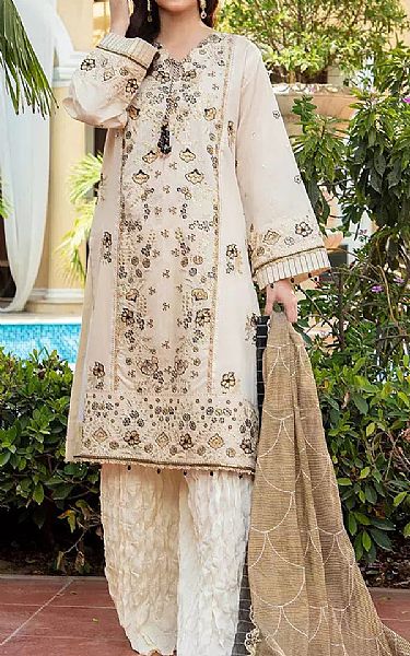 Salitex Off White Cotton Suit | Pakistani Embroidered Chiffon Dresses USA- Image 1