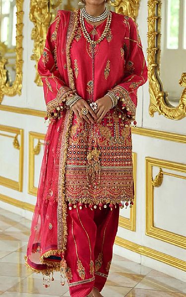 Salitex Radical Red Yarn Suit | Pakistani Embroidered Chiffon Dresses USA- Image 1