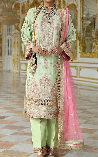 Salitex Light Green Yarn Suit | Pakistani Embroidered Chiffon Dresses USA- Image 1