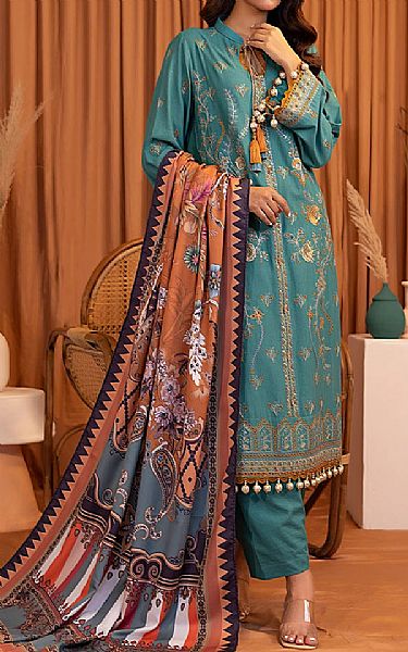 Salitex Teal Khaddar Suit | Pakistani Winter Dresses in USA- Image 1