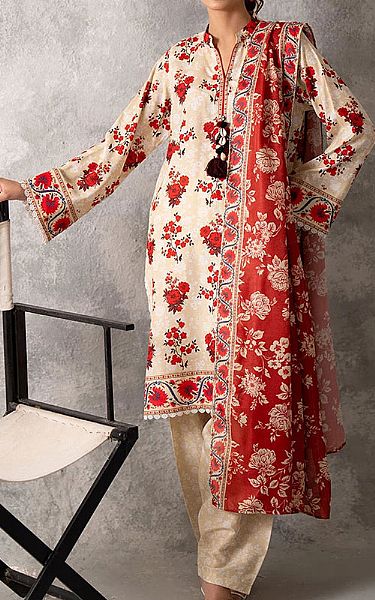 Salitex Off-white/Orange Lawn Suit | Pakistani Lawn Dress in USA- Image 1