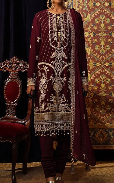 Salitex Maroon Oak Chiffon Suit | Pakistani Embroidered Chiffon Dresses- Image 1