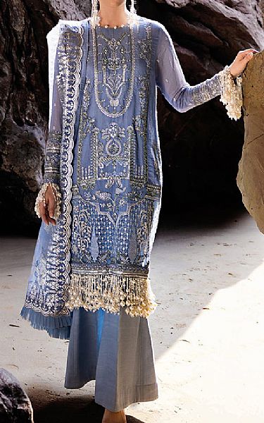 Salitex Rock Blue Net Suit | Pakistani Embroidered Chiffon Dresses- Image 1