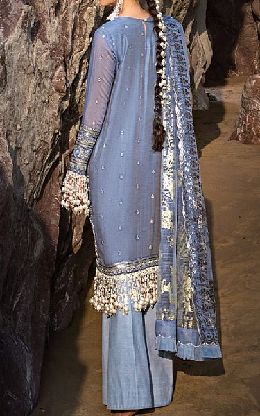 Salitex Rock Blue Net Suit | Pakistani Embroidered Chiffon Dresses- Image 2