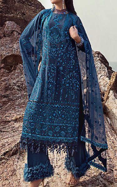 Salitex Teal Blue Silk Suit | Pakistani Embroidered Chiffon Dresses- Image 1