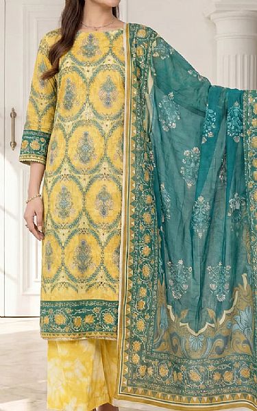 Salitex Yellow/Viridian Green Lawn Suit | Pakistani Lawn Dress in USA- Image 1