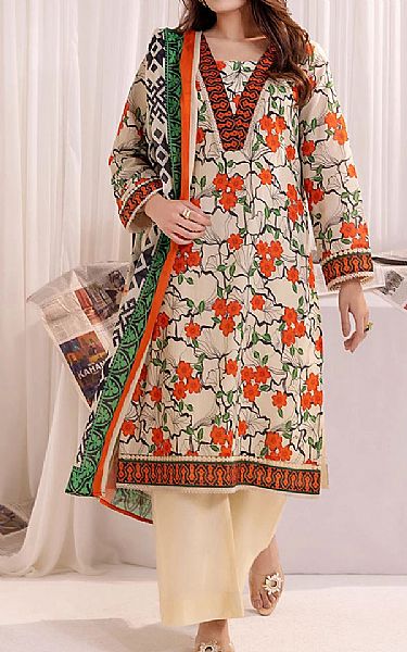 Salitex Ivory/Orange Lawn Suit | Pakistani Lawn Dress in USA- Image 1