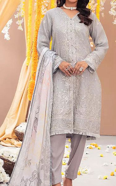 Salitex Light Grey Organza Suit | Pakistani Embroidered Chiffon Dresses USA- Image 1