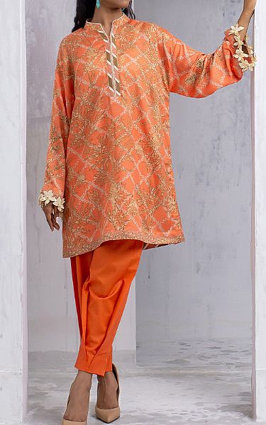 Salitex Bright Orange Lawn Kurti | Pakistani Lawn Suits- Image 1