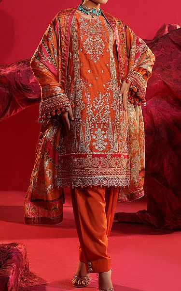 Salitex Bright Orange Cotton Net Suit | Pakistani Embroidered Chiffon Dresses- Image 1