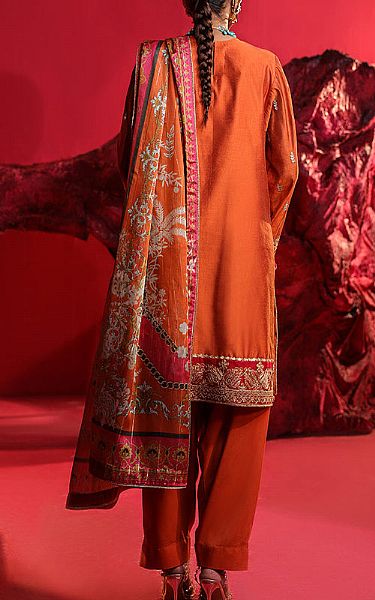 Salitex Bright Orange Cotton Net Suit | Pakistani Embroidered Chiffon Dresses- Image 2