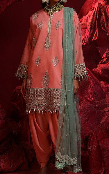 Salitex Pink Cotton Net Suit | Pakistani Embroidered Chiffon Dresses- Image 1