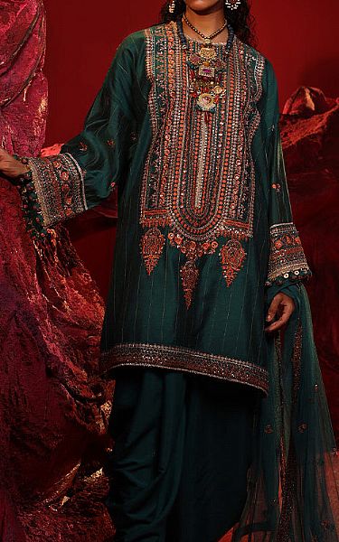 Salitex Teal Cotton Net Suit | Pakistani Embroidered Chiffon Dresses- Image 1