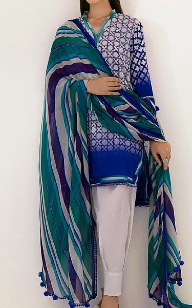 Sana Safinaz White/Royal Blue Lawn Suit (2 Pcs) | Pakistani Lawn Suits- Image 1